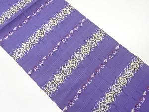 横縞に亀甲・草花模様織出し開き名古屋帯（額縁仕立て）